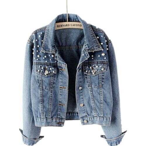 Spring Autumn Jeans Jacket Female Bomber Pearl Long Sleeve Denim Jackets Women Jean Coat chaqueta mujer 2019 Plus Size 5XL XQ090