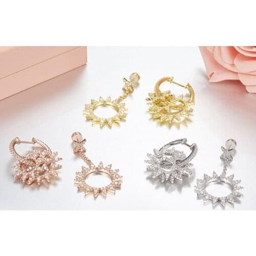 SLJELY 925 Sterling Silver Yellow Gold Color Asymmetry Sun AB Earrings Cubic Zirconia Women Fine Fashion Luxury Party Jewelry