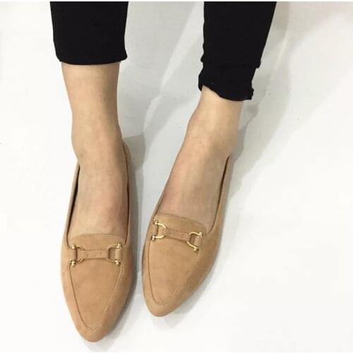 Black Red Office Lady Natural Cow Suede Ponited Almond toe Ryan Metal Buckle Loafers Shallow Women Flat Shoes Single Daily Shoes
