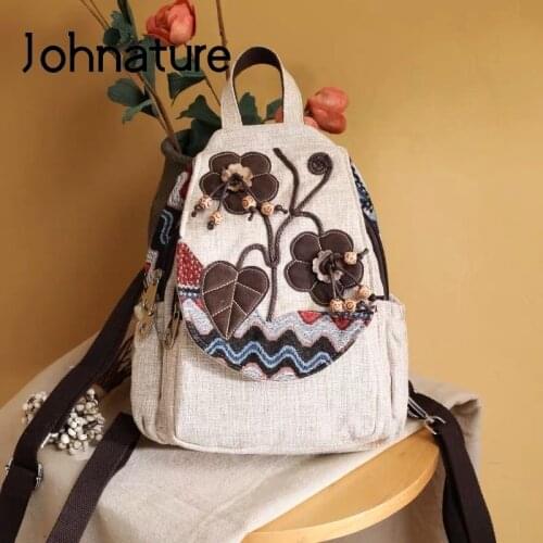 Johnature National Style Handmade Backpack Summer Lightweight Canvas Bag Leisure Multifunctional Large Capacity Travel Bags