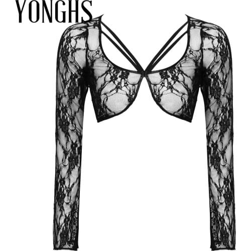 Womens Lingerie See-Through Lace Crop Top Floral Pattern Dancing Scoop Neck Long Sleeve Tops Ladies Stage Performance Costume