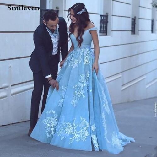 Smileven Off The Shoulder Sky Blue Formal Evening Dress Ball Gown Lace Vintage Prom Gown Vestido De Festa Evening Party Gown
