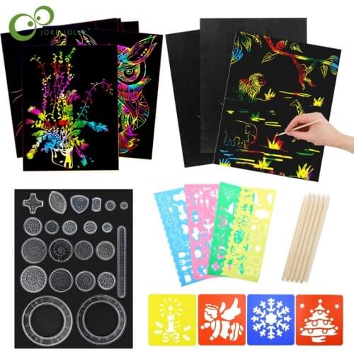 1Set DIY Magic Color Rainbow Scratch Art Paper Card Set with Graffiti Stencil for Drawing Stick Art Painting Toys Children YJN