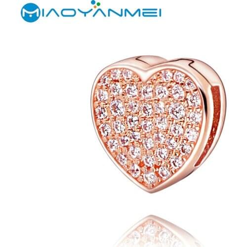 2020 New Valentines 100% 925 Silver Beads Rose Golden Pave Heart Clip Charm Fit Original Pandora Bracelets Women DIY Jewelry