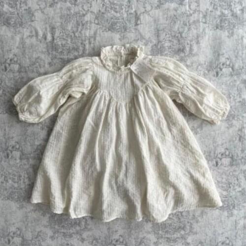 2021 Infants Solid Color Spring and Autumn Girls Cotton Jacquard Puff Sleeve Princess Dress Children Pastoral A-line Dresses