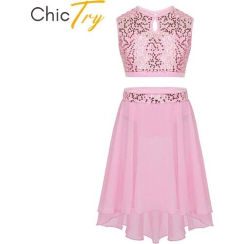ChicTry Child Sequins Ballet Tutu Dancewear Gymnastics Crop Tops Chiffon Skirt Set Kids Girls Competition Lyrical Dance Costumes