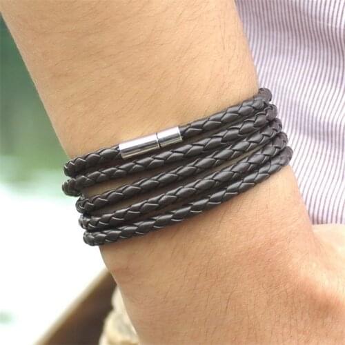 Black Retro Wrap Long Leather Bracelet Men Bangles Fashion Sproty Chain Link Male Charm Bracelet with 5 Laps