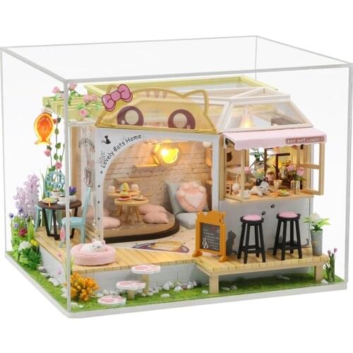 DIY Hut Leisure Cat Coffee Back Garden Creative Handmade Small House With Light Birthday Gift Wooden Assembled Doll House Toy
