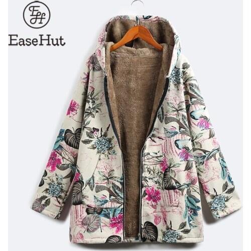 EaseHut Womens Winter Coat Floral Print Hooded Pockets Vintage Thin Parkas Female Casual Warm Spring Jackets 5XL Plus Size