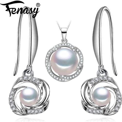 FENASY Silver Color Jewelry Sets Natural Freshwater Pearl Stud Earrings Custom Bohemian Pendant Chain Necklaces For Women