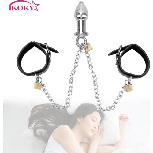 IKOKY Enema Sex Restraints with Anal Plug Handcuff Bondage Kit Anal Plug Erotic Leather Wrist Cuff Sex Toys For Women