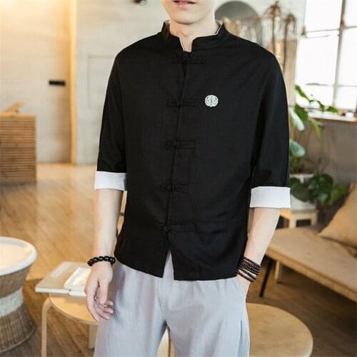 2021 Tang Suit Short Sleeve Button Clothes Chinese Style Casual Linen Shirt Men Kungfu Tops Vintage Solid Streetwear Embroidery
