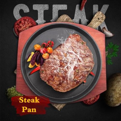 Round Cast Iron Roasting Steak Pan tray Roast Enamel Fried Pot Plate Frying Pan Wooden Base Holder Cookware grill baking plate