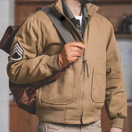Maden Men’s Brown Military Flight Bomber Jackets Vintage Pilot Aviator Monocycle Jacket Slim Fit With Patches Stand Collar