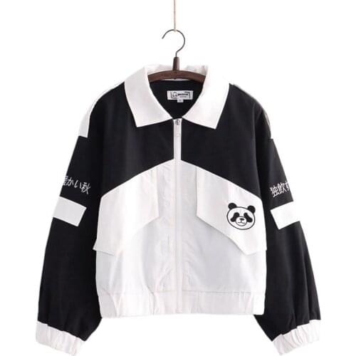 Panda Embroidery Kawaii Cute Women Jackets Coat Zipper Jacket 2021 Autumn Patchwork Sweet Style Ladies Pocket Harakuju Outwears