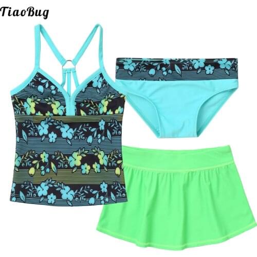 TiaoBug Summer 3Pcs Kids Girls Swimwear Swimming Suit V Neck Sleeveless Floral Print Tops With Skirt And Briefs Set Beach Bikini