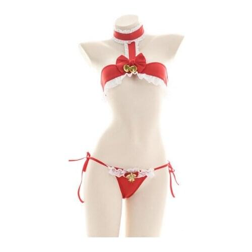 HOT 2021Christmas Bell 2pcs Bikini Suit Sexy Maid Pajamas Lolita Girl Private Bow Lace Ruffle Underwear Set Lovely Red Womens