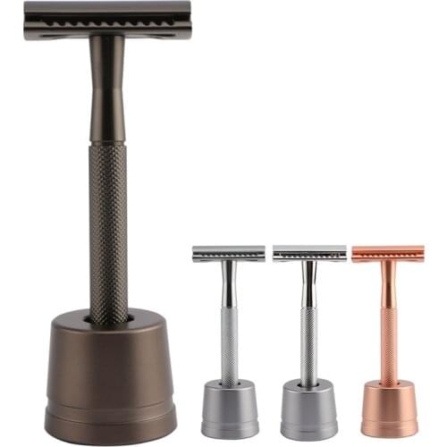 MenS Classic Double-Sided Manual Razor Long Handle Safety Razors Shaver Set Waterproof No Rust with 5 Pcs Blades