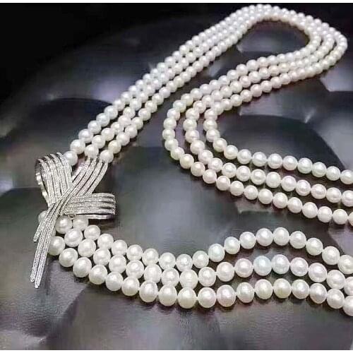 Natural 7-8mm freshwater pearl long sweater chain Necklace long Bowknot Necklace 25inch