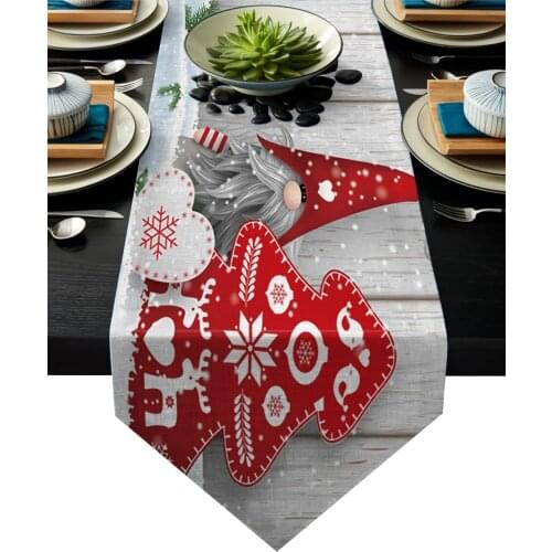 Christmas Gnome Wood Grain Snow Table Runner Table Flag Home Party Decorative Tablecloth Table Runners