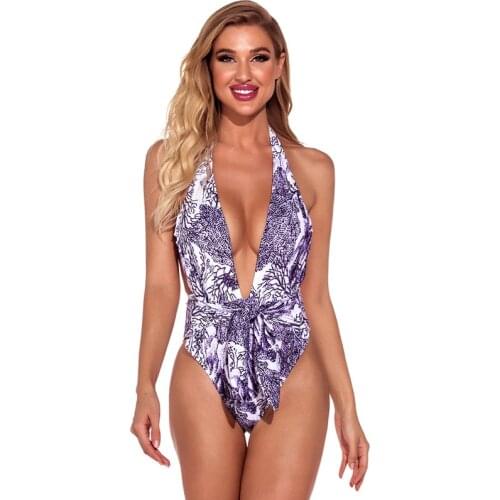 Sexy V-Neck One Piece Swimsuit High Waist Bathing Suit Women Floral Print Bodysuit Wrap Around Bandage Monokini Beach Swim Suit