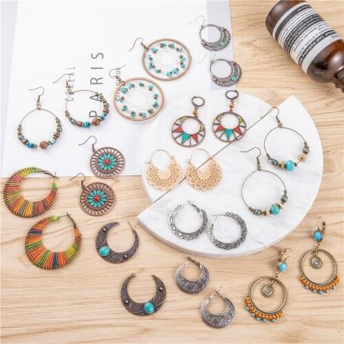 Vintage Boho Ethnic Dangle Bow Round Drop Earrings for Women Female Fashion 2019 Jewelry Hanging Wedding Earrings for Brides