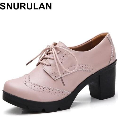 SNURULAN new women brogue shoes high square heel Derby elegant genuine leather high heels wedge shoes woman ladies shoes pumps