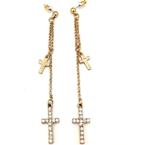 Women Special store 2016 Simple Rhinestone diamante cross chain gold alloy silver pendant hanging Earrings brincos female earing