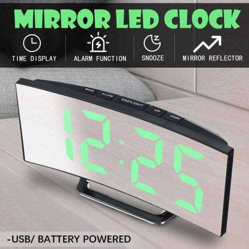 LED Alarm Clock Large Screen Mirror Digital Clock Snooze Night Temperature Display 5 Mode Table Clock Battery USB Charging
