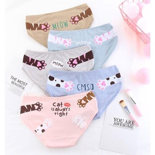 Japanese Women Sweet Girl Pants Panties Kawii Cartoon Cat Claw Print Underwear Bow Intimate Briefs Underpants Pink Blue Panty