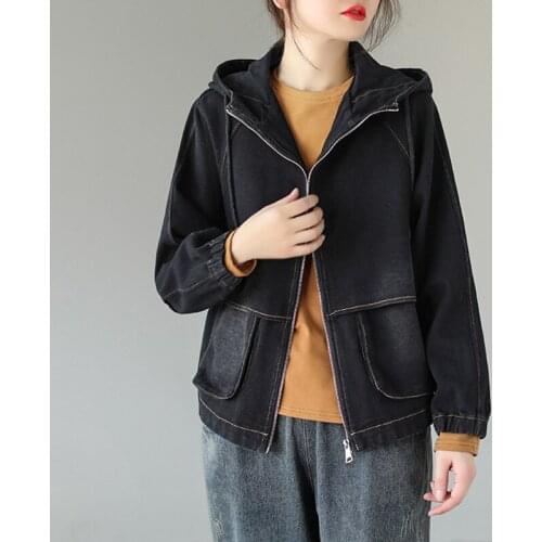 Ladies Hooded Denim Coat Letter Embroidery Long Sleeve Spring Autumn Women Korean Style Loose Zipper Pocket Jackets Clothes