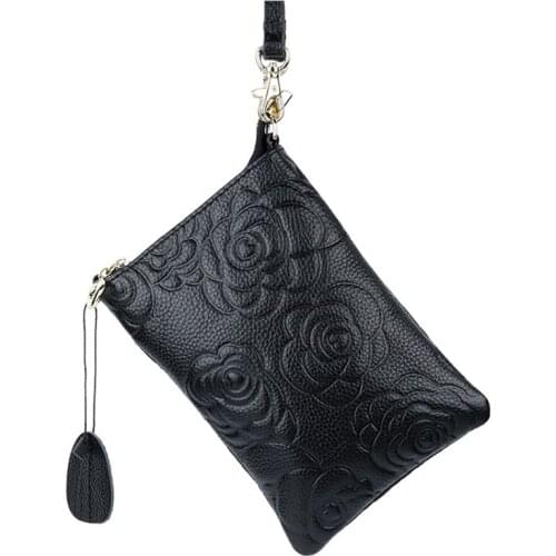 The first layer cowhide leather rose flower multifunctional ladies mobile phone bag coin purse female messenger shoulder bag