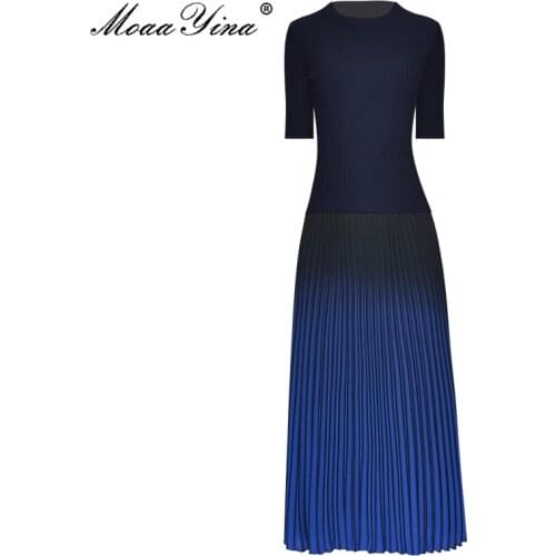 MoaaYina Fashion Designer Set Spring Women Short Sleeve Knitting Sweaters Tops+Pleated Skirt Elegant Two-piece sets