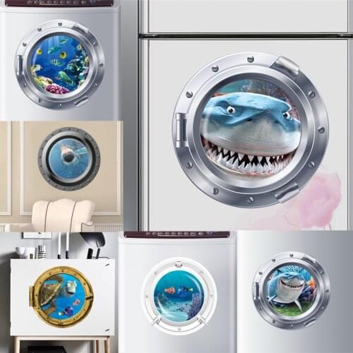 3d vivid Submarine Porthole Wall Stickers Refrigerator Bathroom Home Decoration Shark Fishes Mural Art Pvc Decal