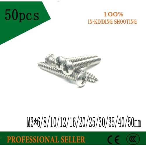 50pcs M3*6/8/10/12/16/20/25/30/35/40/50 mm GB845 phillips stainless steel 304 pan head head Self Tapping Screws