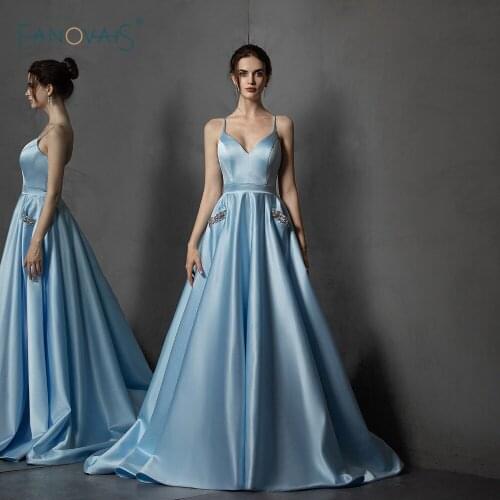 Satin Evening Dresses Long Straps V Neck A-Line Crystal Beaded Lace Up Light Blue Evening Gown with Pocket Robe de Soiree NE61