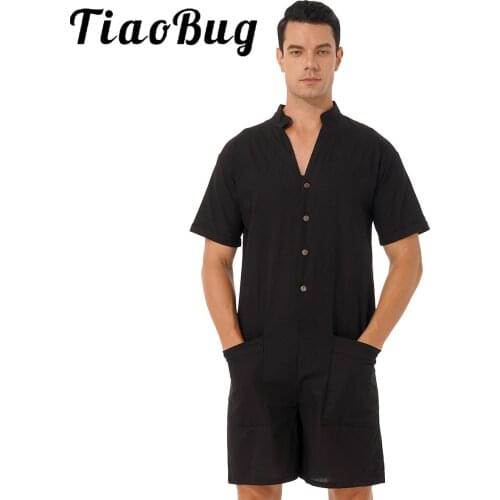 Men Simple Casual Jumpsuits White Black Harajuku Short Sleeve Button Bodysuit Rompers Playsuit Loose Home Clothes with Pockets