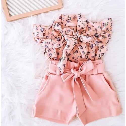 Children Kids Girl Clothes 2 Pieces Clothes Set Summer Girls Floral Printed Ruffle Blouse Tops High Waist Shorts Outfit Costume