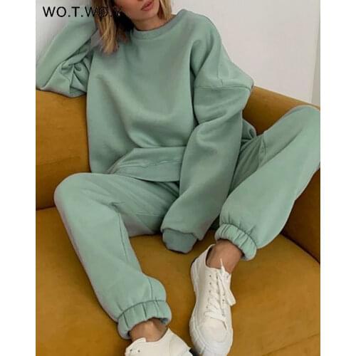 WOTWOY Autumn Winter Warm Fleece Sweatshirt and Pants Matching Set Women Two Pieces Tracksuits Casual Female Loose Sweatpants