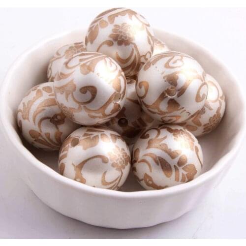 Kwoi Vita 100pcs/lot 20mm acrylic matte Imitation pearl Full print gold flower Beads for Chunky Necklace Jewelry