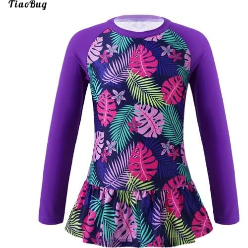 TiaoBug Summer Kids Girls Print Round Neck Long Sleeves Ruffle Trim Swimming Tops Swimwear For Beach Pool Swimming Bathing