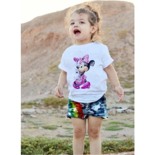 Disney 2021 Summer New Cartoon Childrens Baby Kids Clothes Minnie Mouse Print Cotton T-shirt Short Sleeve Girl Boy Clothes