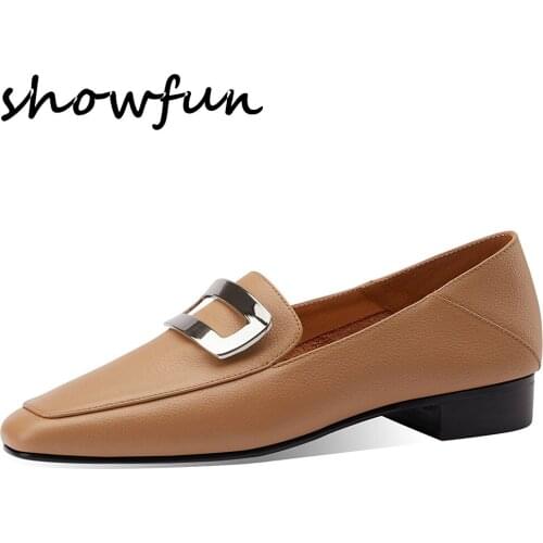 Womens genuine leather slip-on flats leisure soft comfortable loafers metal buckle square toe casual female footwear daily shoe