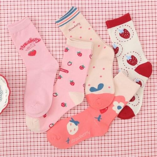 Kawaii Sweet Womens Socks Funny Cute Cream Candy Color Milk Strawberry Cosmic planet Creative Strawberry Pattern College Wind