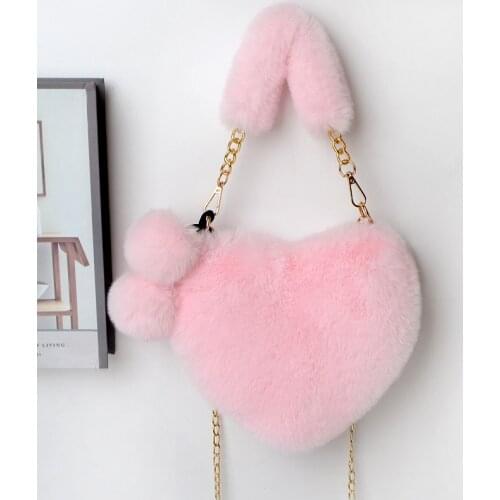 Fashion Faux Fur Bags 2021 Chain Shoulder Bag Lady Headband And Purse Set Fashion Heart-shaped Fur Handbag