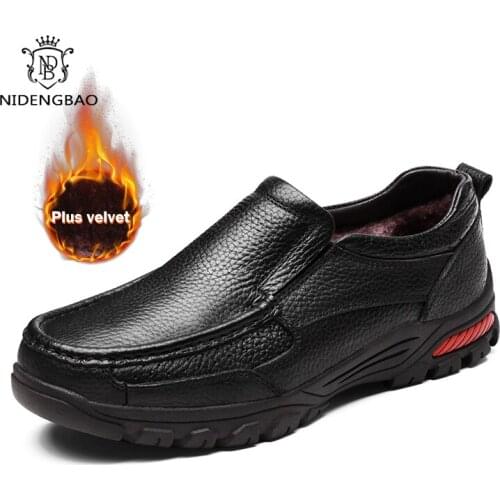 Genuine Leather Shoes Men Large Size 38-48 Slip-on Loafers With Fur Mens Casual Shoes Fashion Warm Footwear Zapatillas Hombre