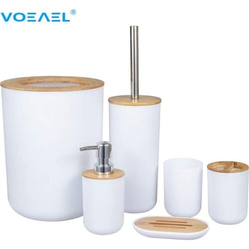 Bathroom Accessories Set Bamboo Plastic Bathroom Kit Toothbrush Cup, Soap Dispenser, Soap Dish, Toilet Brush Holder,Trash Can