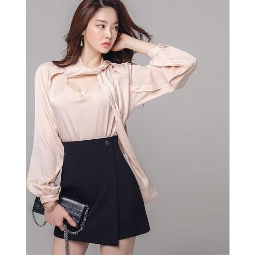 New arrival fashion korean set women spring OL temperament professional loose chiffon shirt and mini a-line skirt two piece set