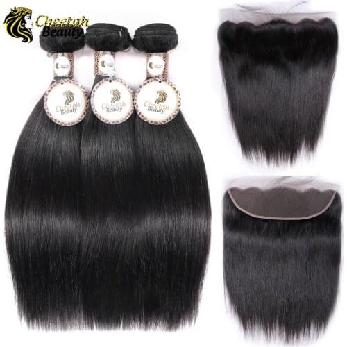 Straight Hair Bundles With Frontal Brazilian Human Hair 3 Bundles With Frontal Cheetah Beauty Bundles Straight Hair With Frontal
