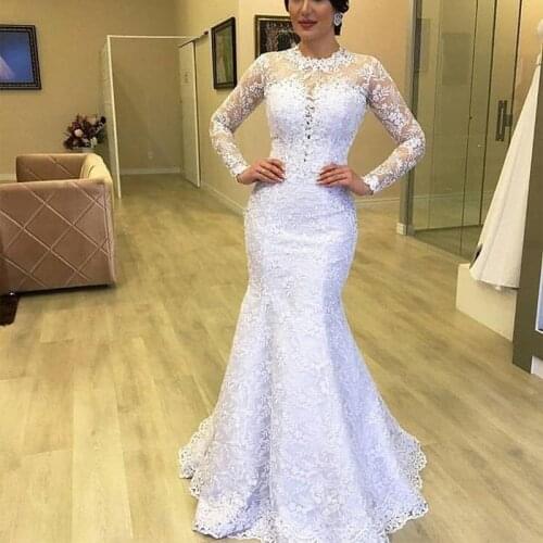 Plus Size Mermaid Wedding Dress Elegant Jewel Neck Long Sleeve Bridal Gowns robes de mariée Lace Appliques Bride Dresses